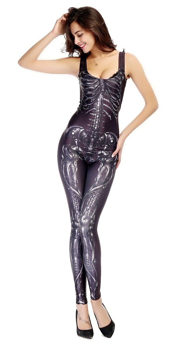 3D Halloween Skjelett Kostyme Bodysuit Svart