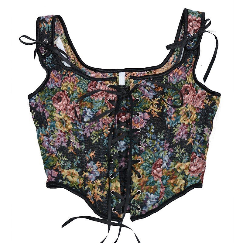Vintage Blomstermønster Korsettopp Med Svart Korsettsnøring Elegant Vest Korsett