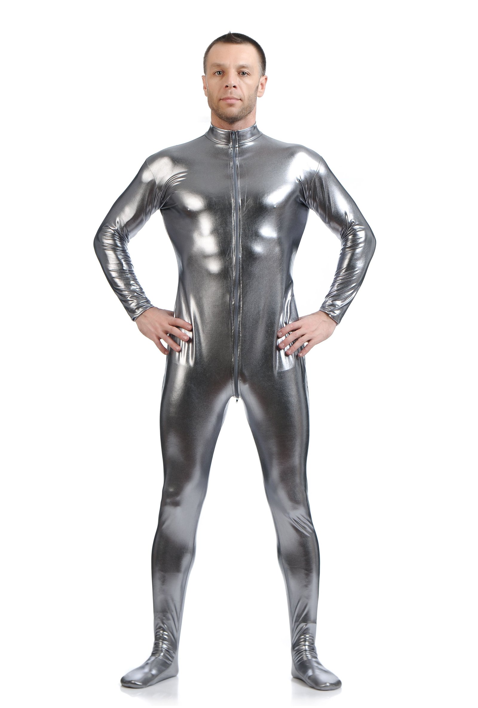 Metallisk Skinsuits Herre Morphsuits Uten Hette Grå