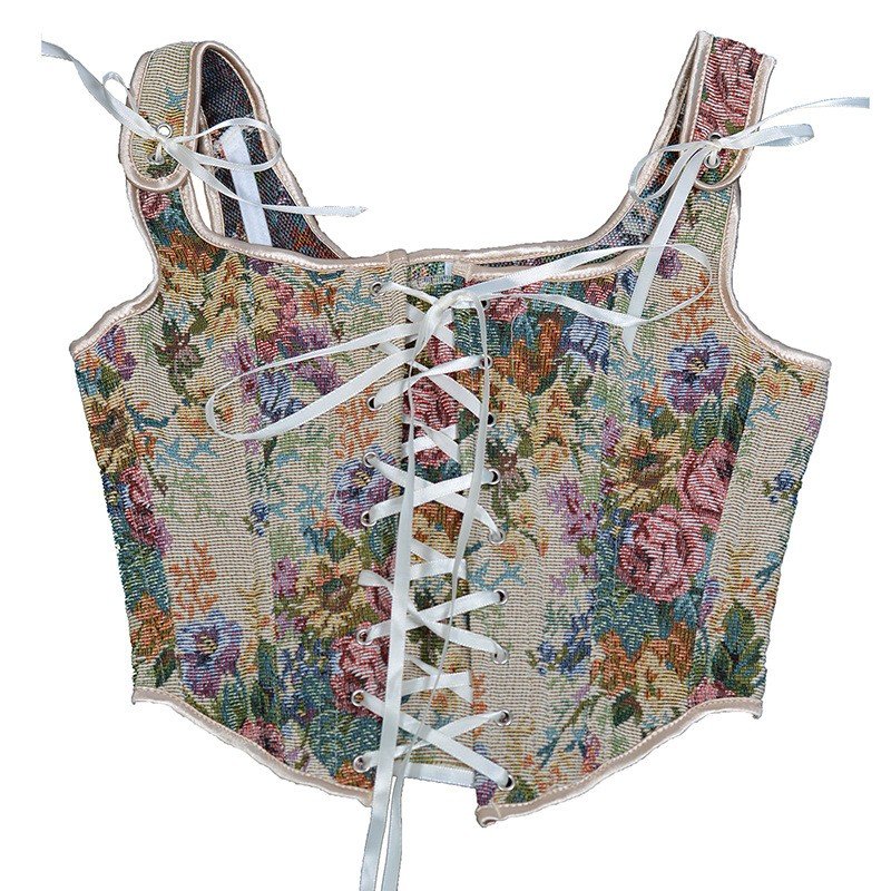 Vintage Blomstermønster Korsettopp Med Hvit Korsettsnøring Elegant Vest Korsett
