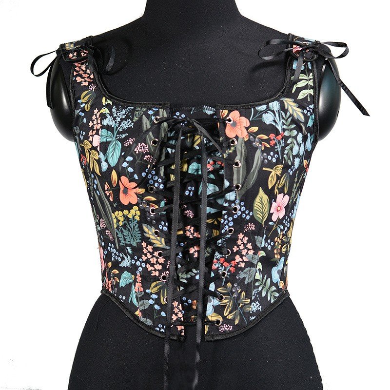 Vintage Bladtrykk Korsett Svart Korsettopp U-Hals Vest Korsett