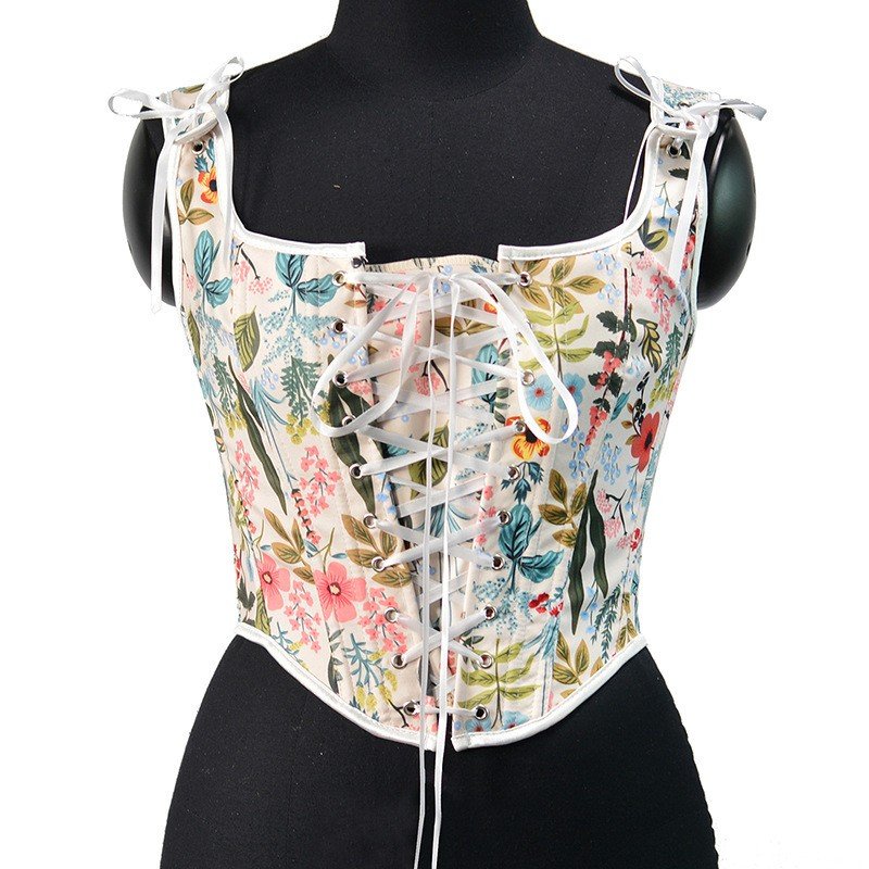 Vintage Bladtrykk Korsett Hvit Korsettopp U-Hals Vest Korsett