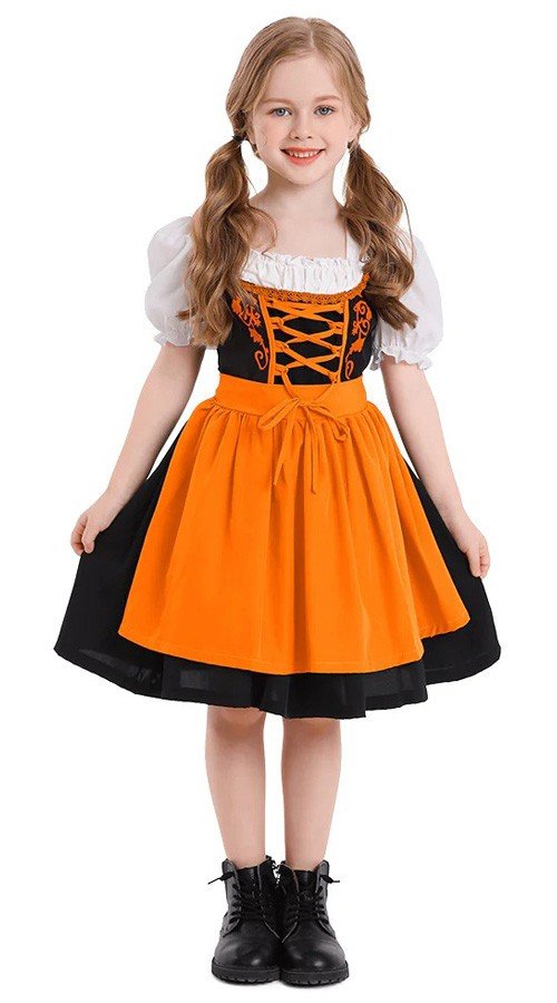 Barn Dirndl Kjole Oransje Tradisjonell Oktoberfest Kostyme Jente Tyrolerkjole