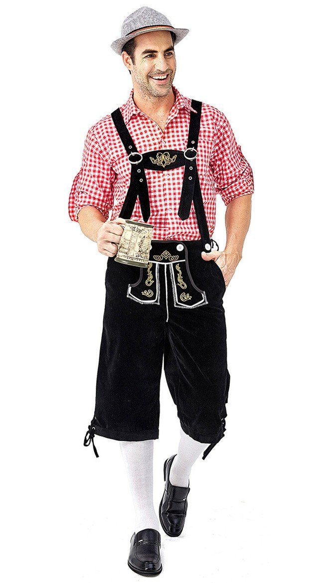 Herre Tradisjonell Bayersk Oktoberfest Lederhosen Kostyme Rød Svart