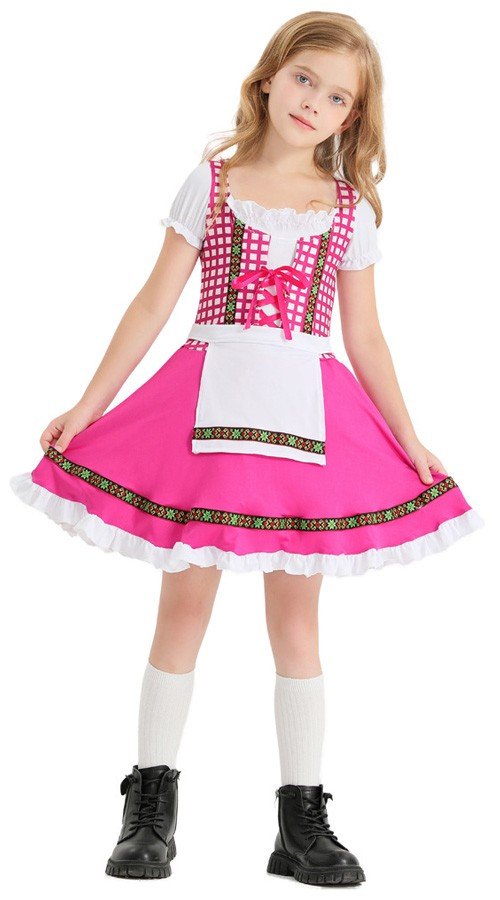 Rutetrykk Barn Tyrolerkjole Rosa Tradisjonell Oktoberfest Kostyme Jente