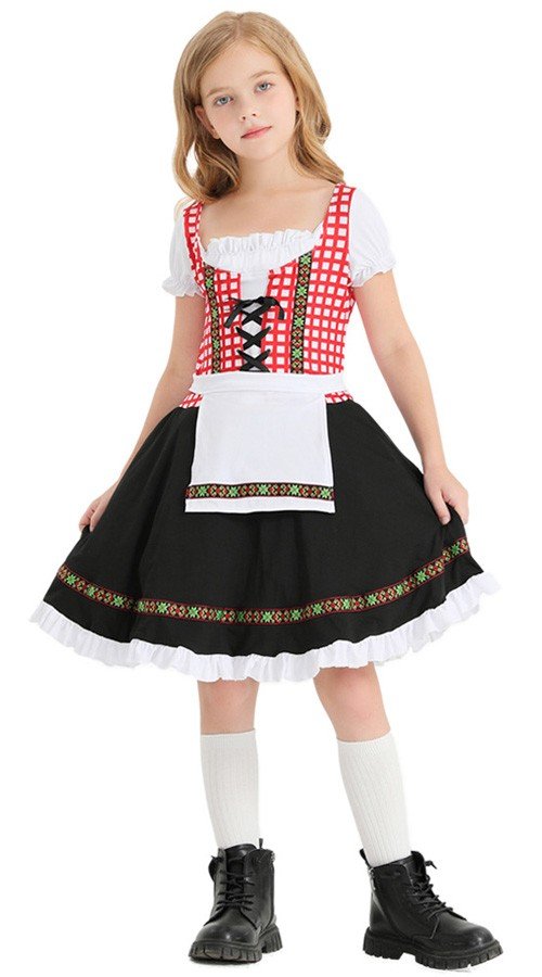 Rutetrykk Barn Tyrolerkjole Svart Tradisjonell Oktoberfest Kostyme Jente