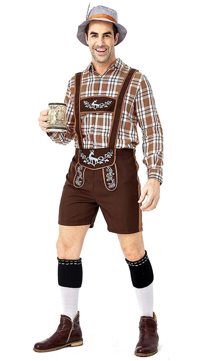 Herre Tradisjonell Oktoberfest Lederhosen Kostyme Trykt Rutete
