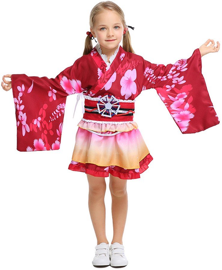 Barn Japansk Geisha Inspirert Kimono Kostyme Rød