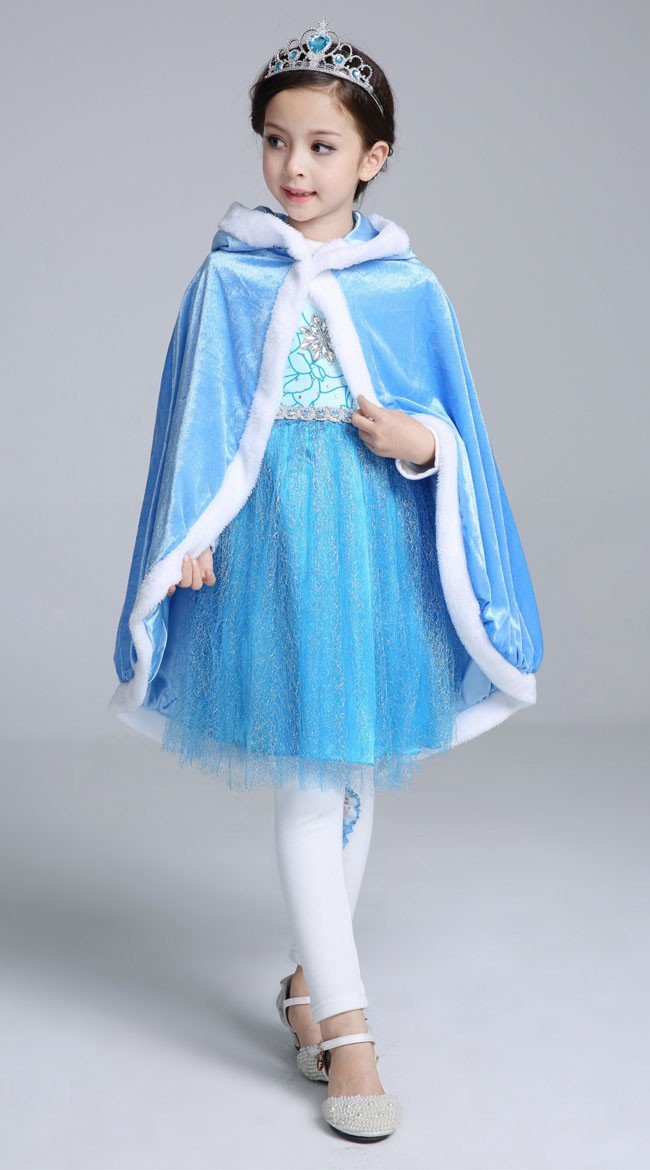 Blå Frost Elsa Prinsessekjole Barn Kappe Med Hette Lang