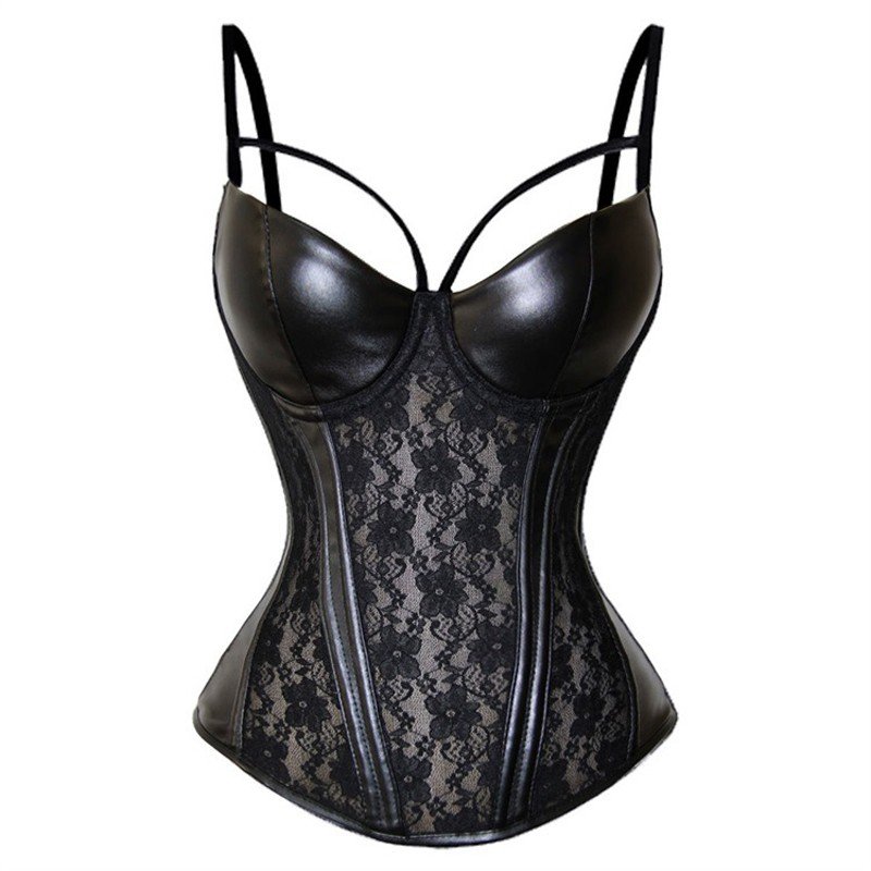 Sexy Svart Blåndekorsett Skinn Korsett Skjøting Bustier