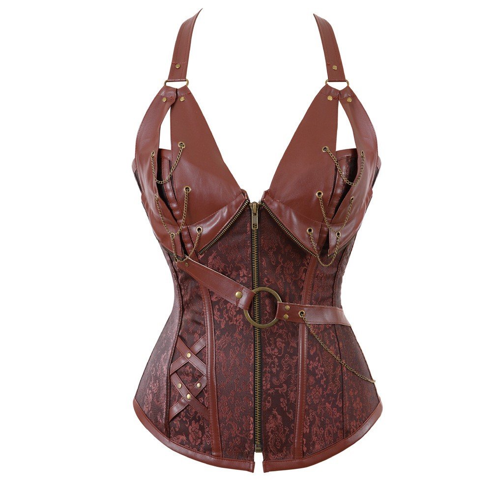 Halternekk Metall Steampunk Korsett Gotisk Skinn Overbystekorsett Vest Brun