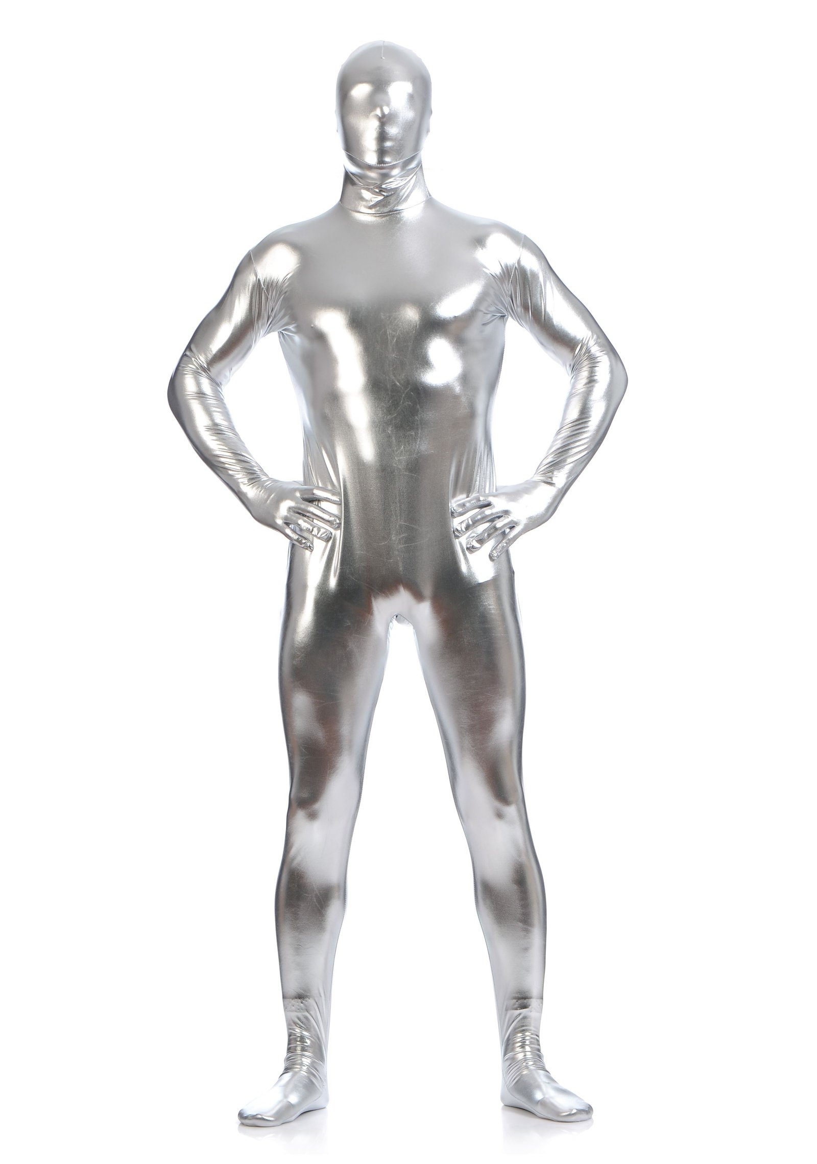 Morphsuits Mann Heldekkende Metallic Skinnende Drakt Sølv