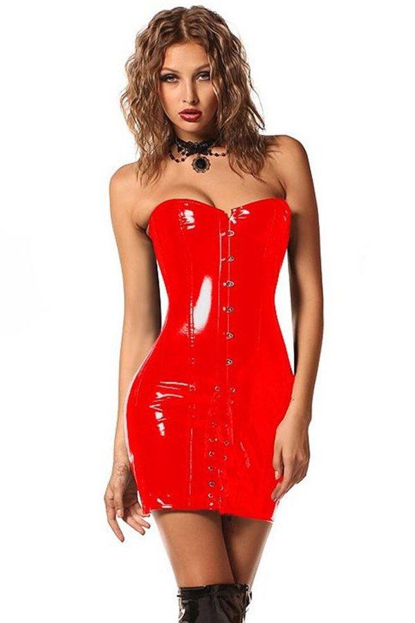Sexy Steampunk Skinn Korsett Gotisk Lang Korsett Rød Klubbkjole