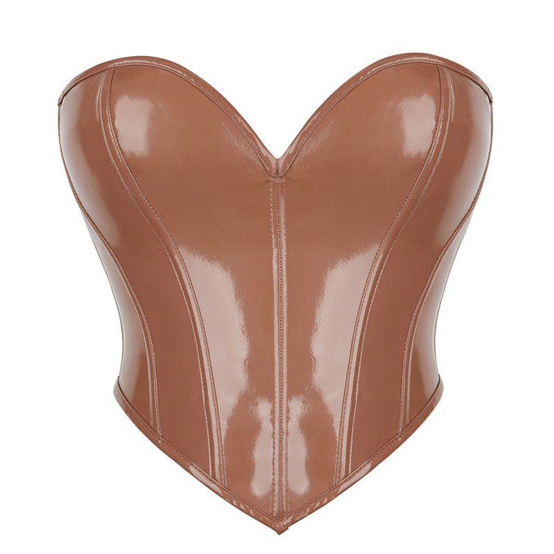 Hot Sexy Glinsende Korsett Topp PVC Skinn Korsett Brun