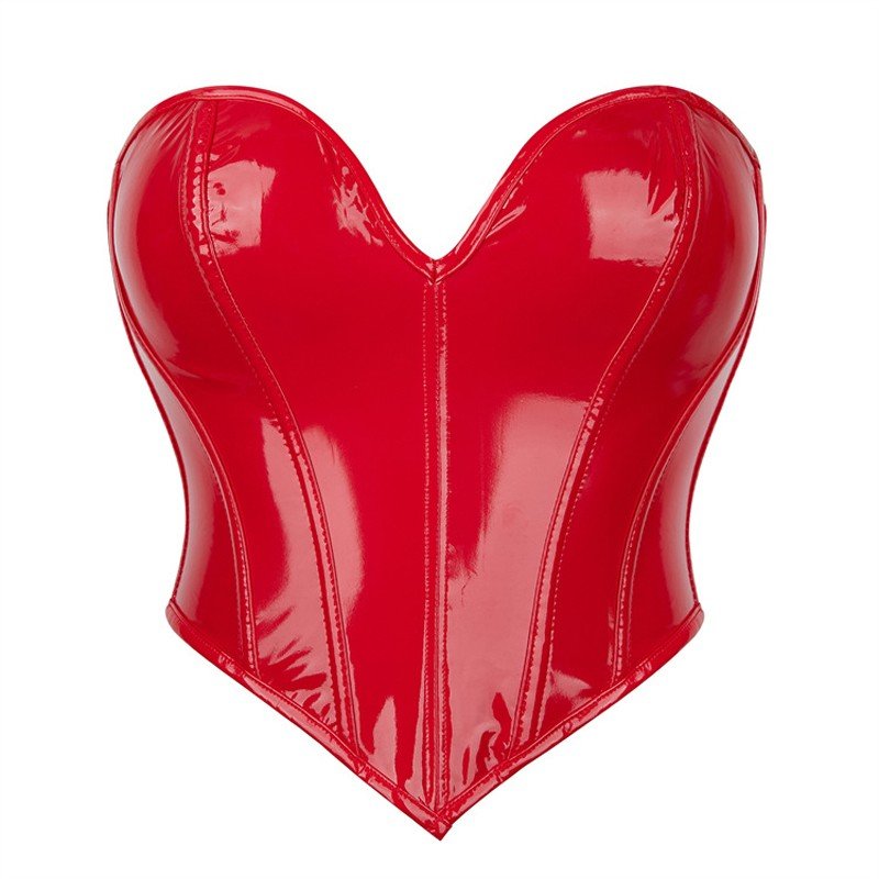 Hot Sexy Glinsende Korsett Topp PVC Skinn Korsett Rød
