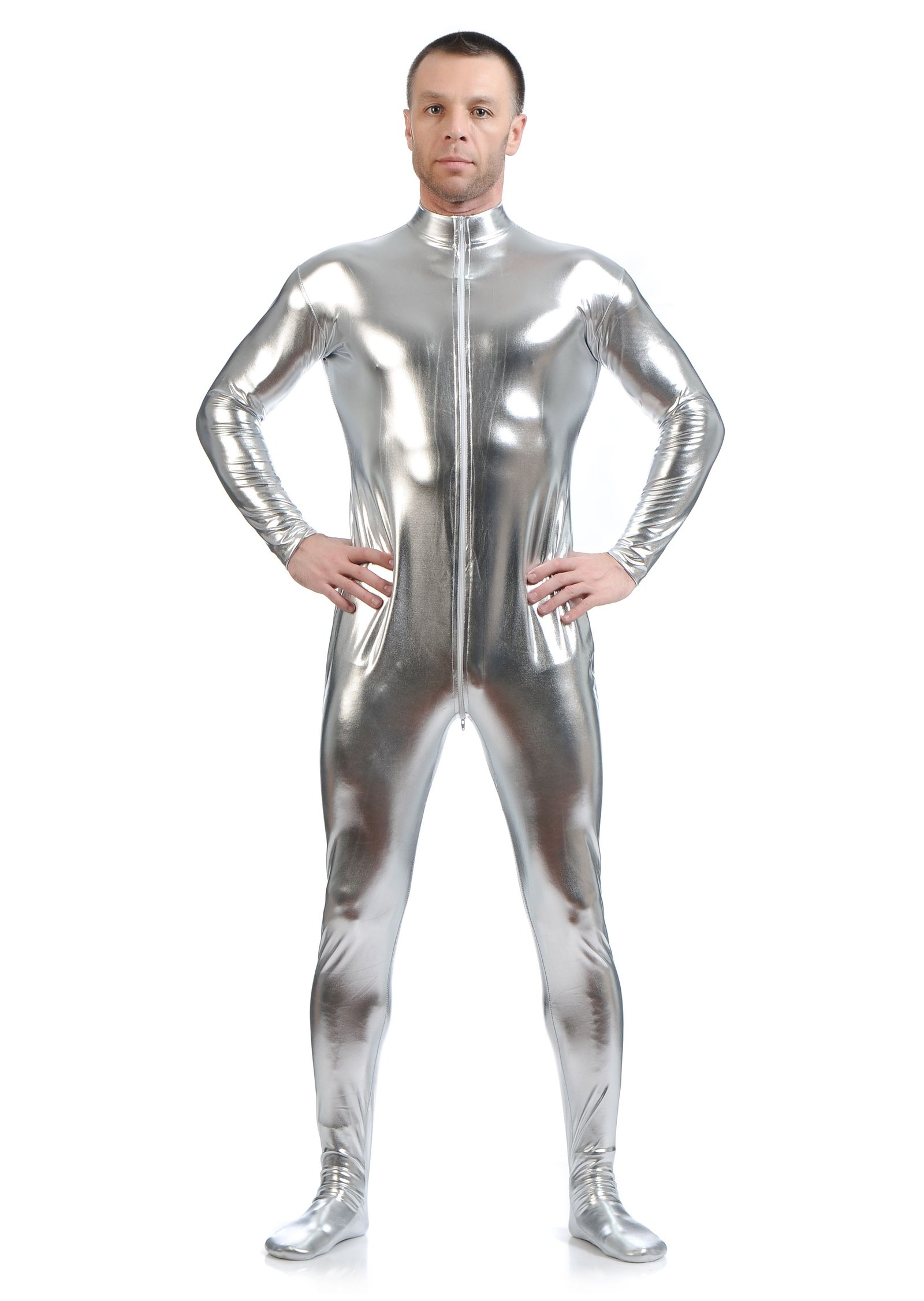 Metallisk Skinsuits Herre Morphsuits Uten Hette Sølv