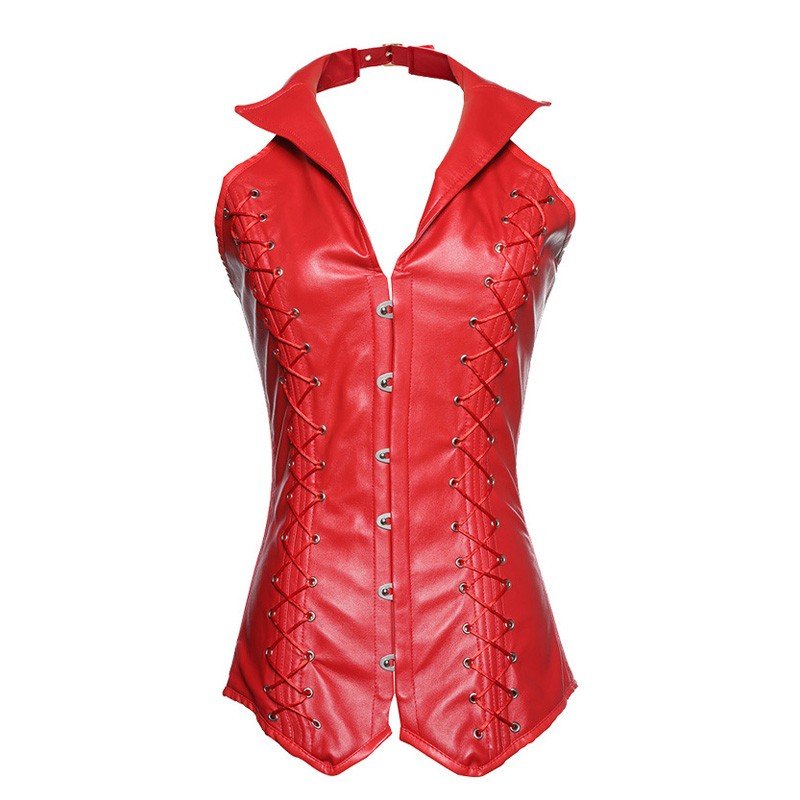 Sexy Steampunk Korsettstropper Gotisk Skinn Korsett V-Hals Rød