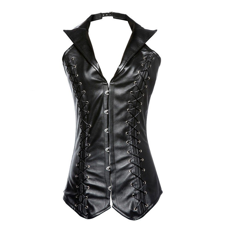 Sexy Steampunk Korsettstropper Gotisk Skinn Korsett V-Hals Svart