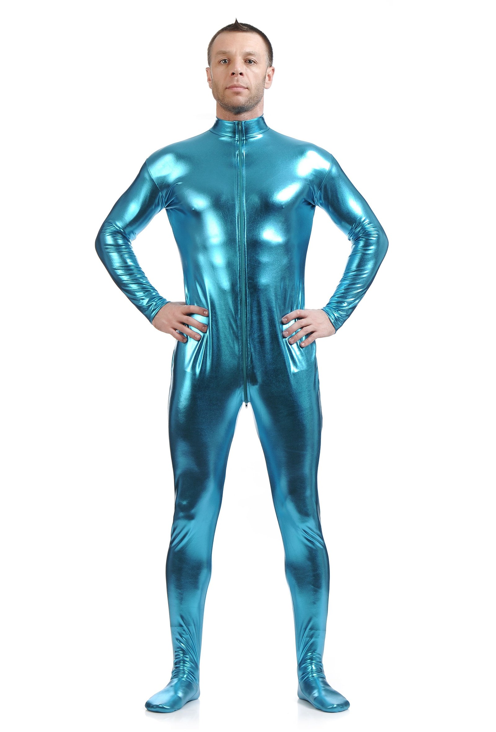 Metallisk Skinsuits Herre Morphsuits Uten Hette Lyseblå