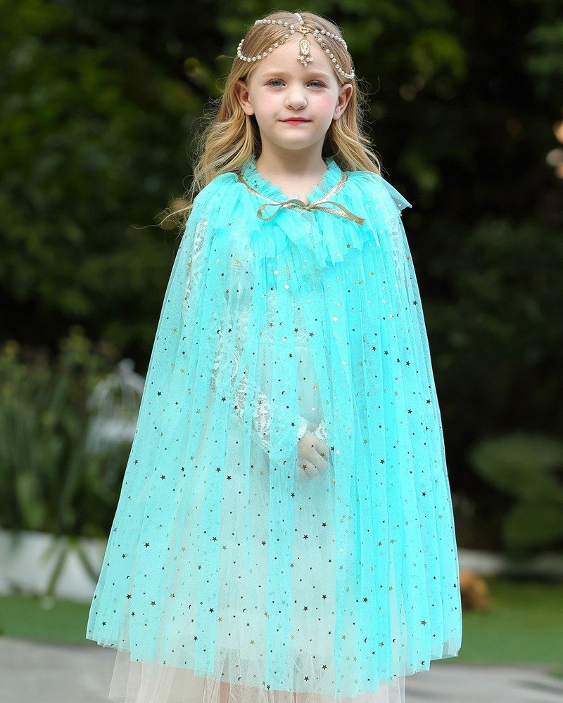 Frozen Prinsessekjole Kappe Barn Tilbehør Sett Glitrende Paljetter Tyll Prinsesse Kappe Jenter Lyseblått Kappe 