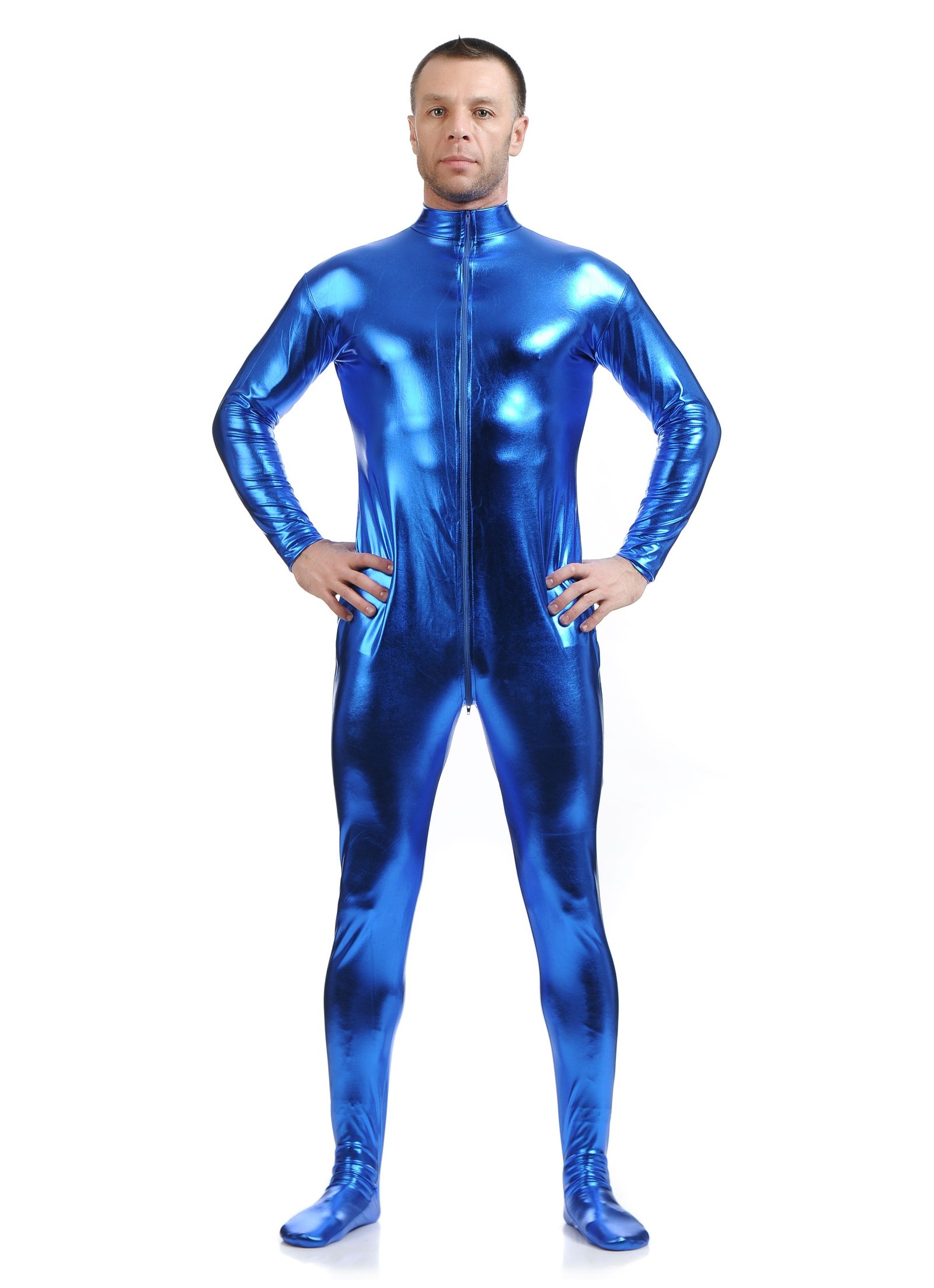 Metallisk Skinsuits Herre Morphsuits Uten Hette Blå