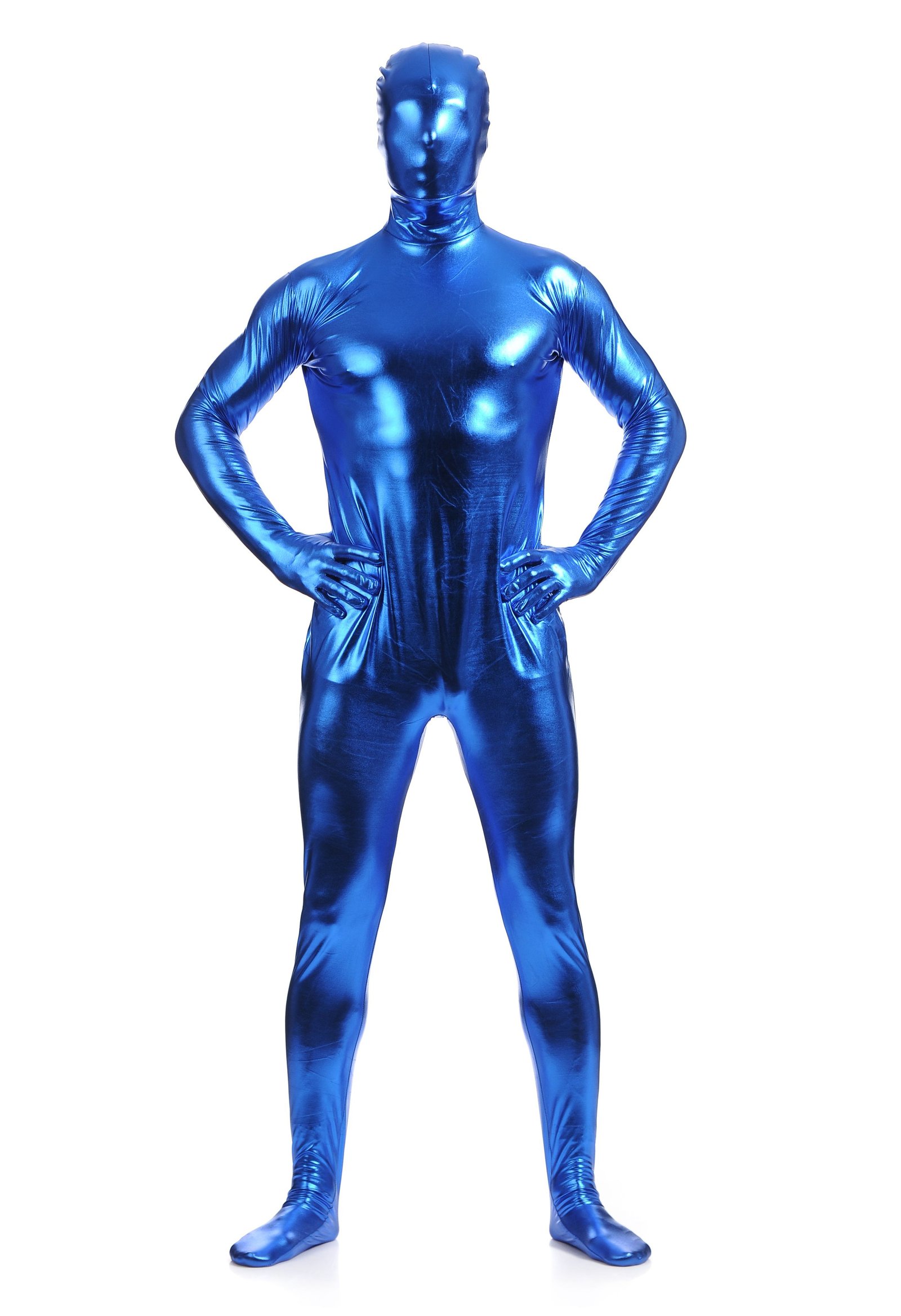 Morphsuits Mann Heldekkende Metallic Skinnende Drakt Blå