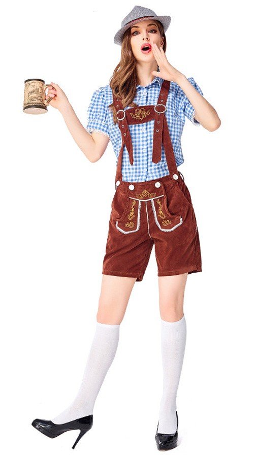 Dame Tradisjonell Bayersk Oktoberfest Lederhosen Kostyme Blå Brun