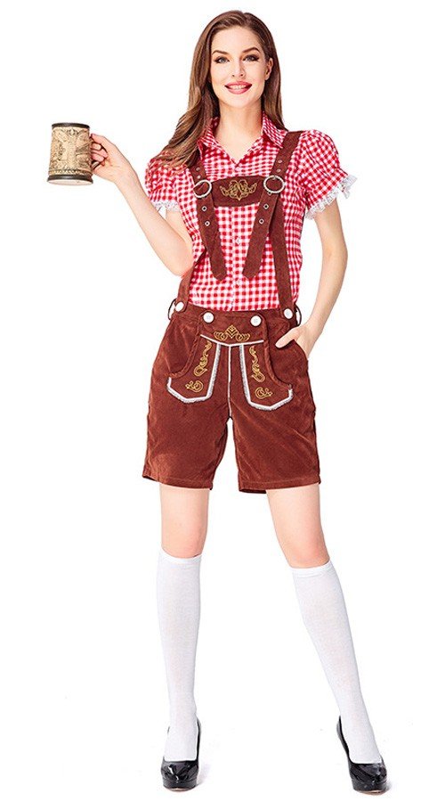 Dame Tradisjonell Bayersk Oktoberfest Lederhosen Kostyme Rød Brun