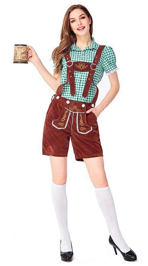 Dame Tradisjonell Bayersk Oktoberfest Lederhosen Kostyme Grønn Brun