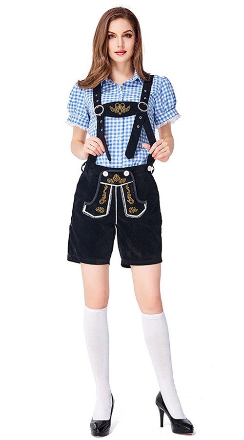 Dame Tradisjonell Bayersk Oktoberfest Lederhosen Kostyme Blå Svart