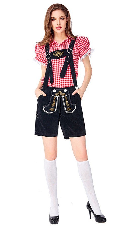 Dame Tradisjonell Bayersk Oktoberfest Lederhosen Kostyme Rød Svart