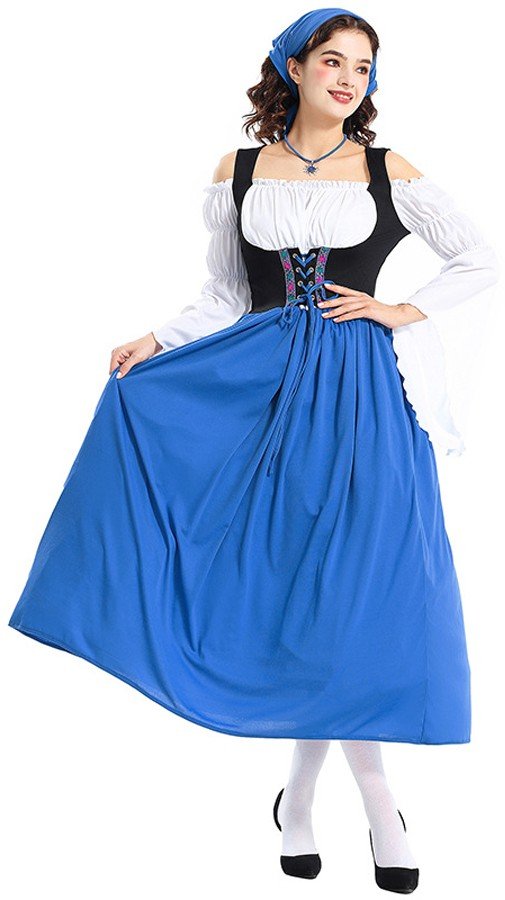 Oktoberfest Kostyme Blå Lang Tyroler Kjole Viktoriansk Stuepikekostyme