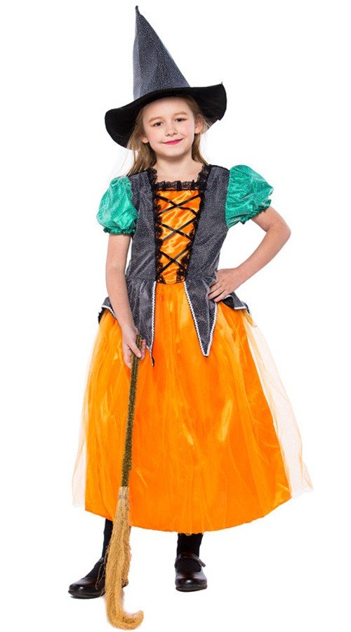 Oransje Magisk Halloween Heksedragt For Barn