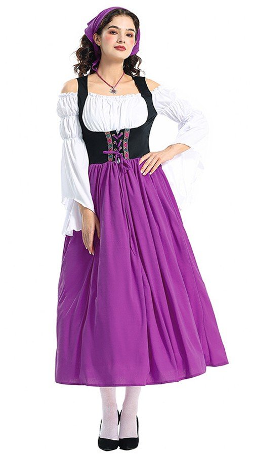 Oktoberfest Kostyme Lilla Lang Tyroler Kjole Viktoriansk Stuepikekostyme