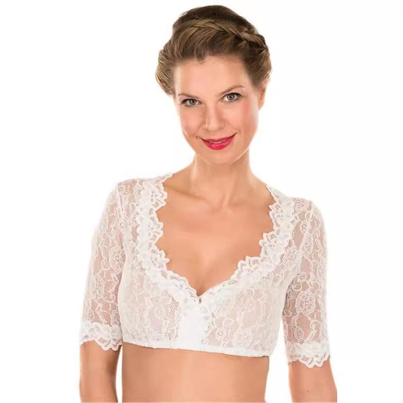 Dirndl Bluse for Kvinner Hvit Blondetopp Bayersk Oktoberfest Tradisjonell Bluse