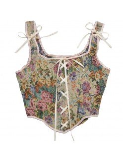 Vintage Blomstermønster Korsettopp Med Aprikos Korsettsnøring Elegant Vest Korsett