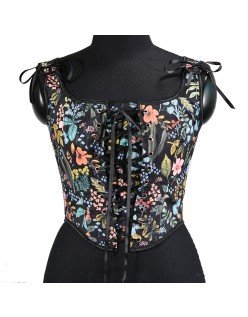 Vintage Bladtrykk Korsett Svart Korsettopp U-Hals Vest Korsett
