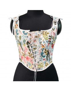 Vintage Bladtrykk Korsett Hvit Korsettopp U-Hals Vest Korsett
