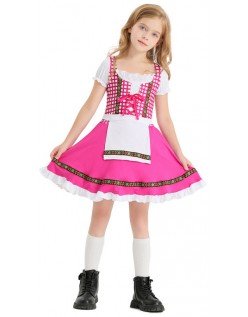 Rutetrykk Barn Tyrolerkjole Rosa Tradisjonell Oktoberfest Kostyme Jente