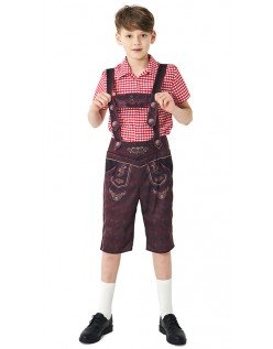 Gutter Oktoberfest Lederhosen Barn Rød Pledd Shirt Tradisjonelt Tyroler Kostyme