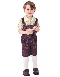 Gutter Oktoberfest Lederhosen Barn Grønn Pledd Shirt Tradisjonelt Tyroler Kostyme