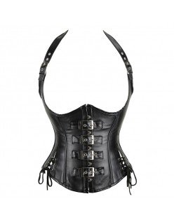 Svart Skinn Underbust Korsett Grime Skulderstropp