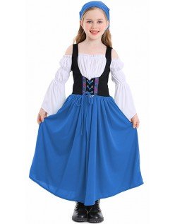 Oktoberfest Kostyme Barn Blå Lang Tyrolerkjole Jente Viktoriansk Stuepikekostyme