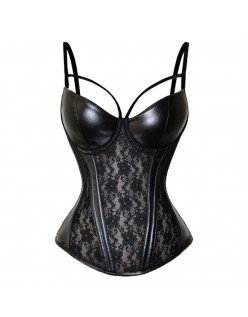 Sexy Svart Blåndekorsett Skinn Korsett Skjøting Bustier