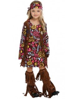 Flower Power Hippie Kostyme Barn Disco Hippiekjole Jenter Brun