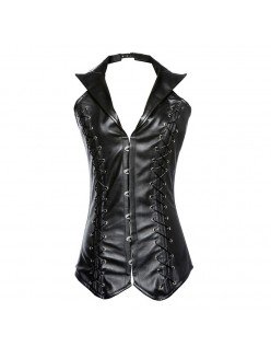 Sexy Steampunk Korsettstropper Gotisk Skinn Korsett V-Hals Svart